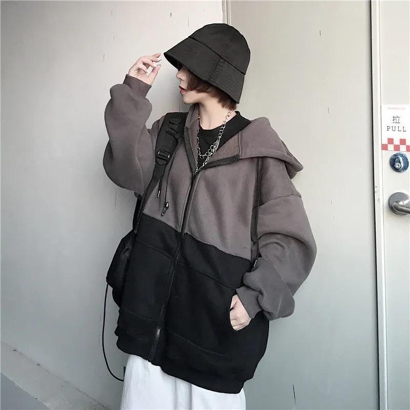 Women's Spring and Autumn Sweater Jacket College Harajuku Style Fleece Hooded Top Korean Loose Casual Long Sleeve Cardigan Zipper Coat