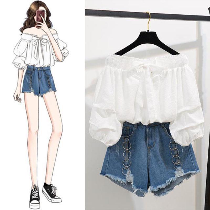 Summer Women's Shorts Set Off Shoulder Slash Neck Bubble Sleeves Blouse Tops and Denim Shorts Two-piece Set