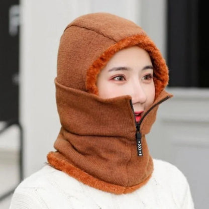 Mother Warm Winter Knit Beanie Fur Pom Hat Zipper Scarf Cap Woolen Hat Women Winter Thickened Riding Windproof Mask Bib Integrated Scarf Hats Set