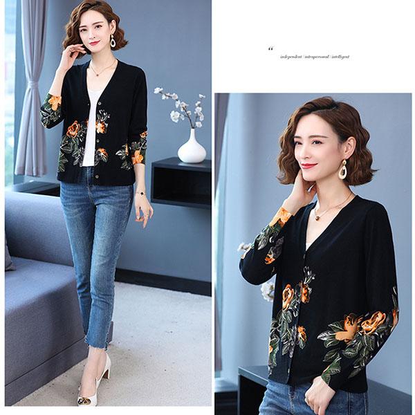 Autumn Winter Women's Knitted Sweater V-neck Printing Short Cardigan Knit Woolen Sweater Coat