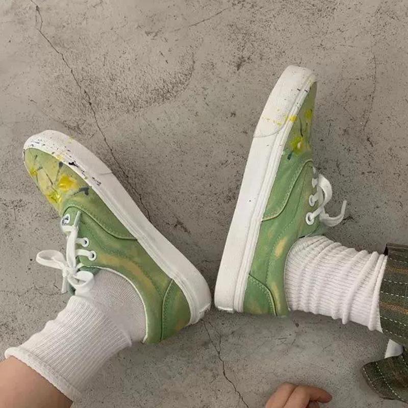 Early Autumn Drag Girl Sneakers Niche Design Original Washable Green Splash Ink Low-top Casual Canvas Shoes