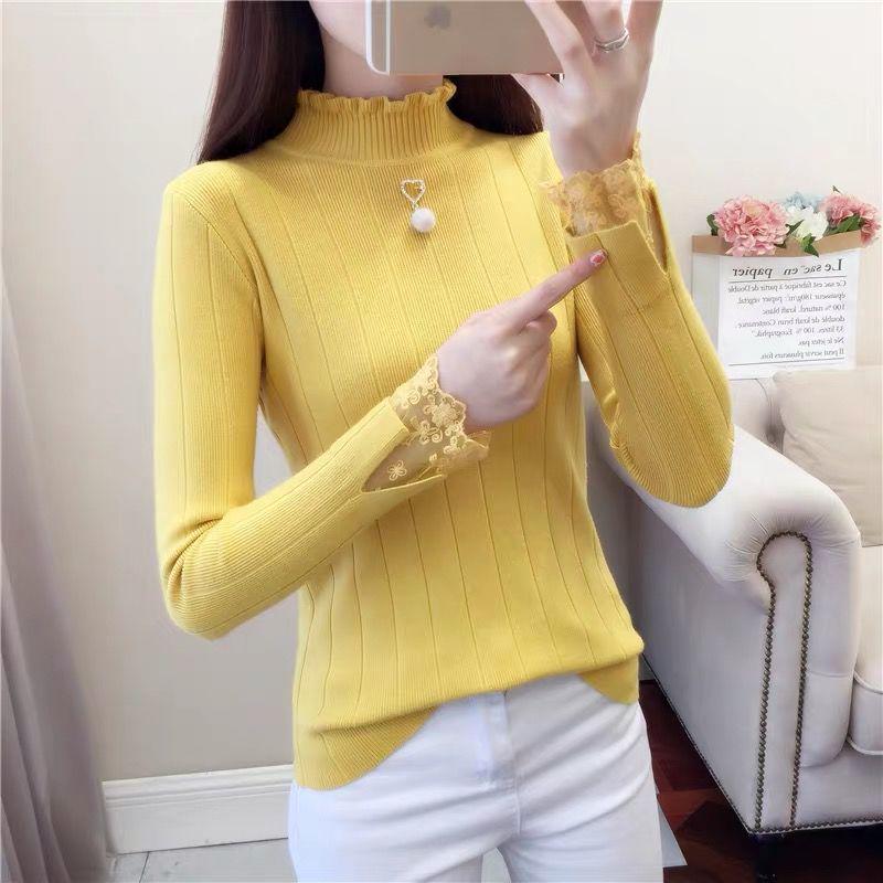 Autumn and Winter Half-high-necked Sweater Lace Inside Slim Long-sleeved Bottoming Shirt