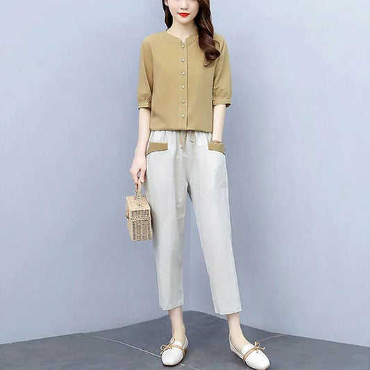 Cotton and Linen Suit Women's Casual Slimming Loose Short-sleeved Blouse Elastic Waist Pants Ladies Temperament Two-piece Suit Can Be Worn for Work