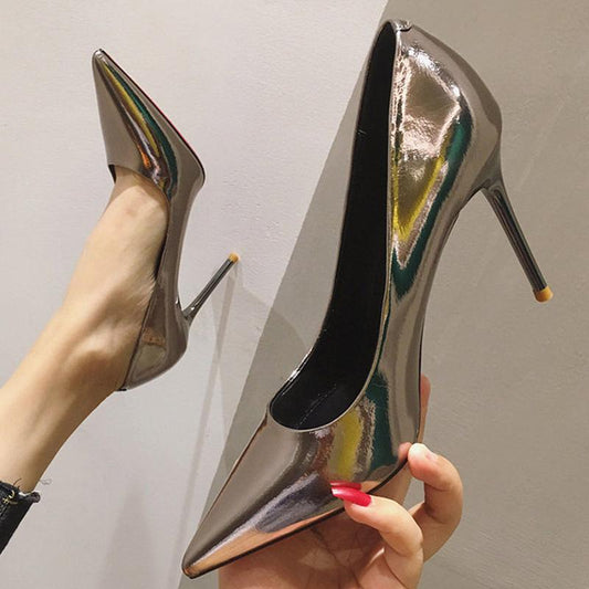 High Heels Feminine Patent Leather Stiletto Shoes All-match Silver Shallow Pointed Toe Shoes Women