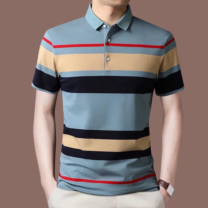 Men's Short Sleeve T-Shirt Lapel Striped POLO Shirt Buttoned Middle-aged Dad Top