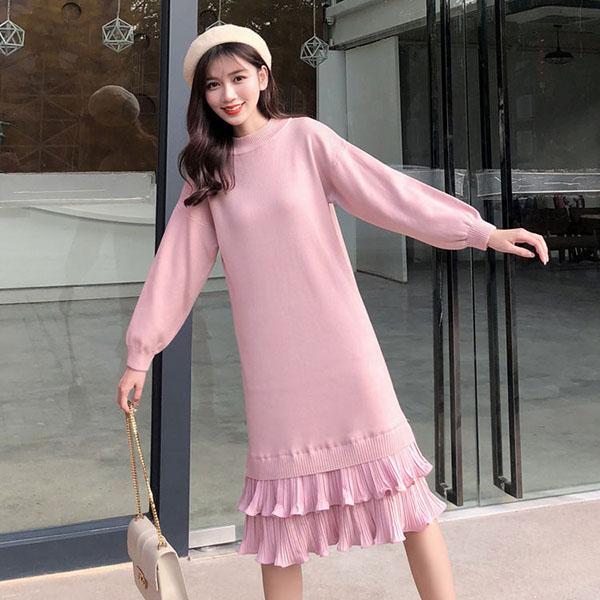 Women's Solid Color Mid-length Wool Dress Autumn and Winter Pullover Loose Over-knee Knit Bottomed Thickened Dress