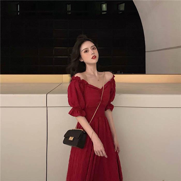 Pofulove Women Vintage Chiffon Puff Sleeve Off Shoulder Dress Sexy V-neck Short Sleeve Long Dresses