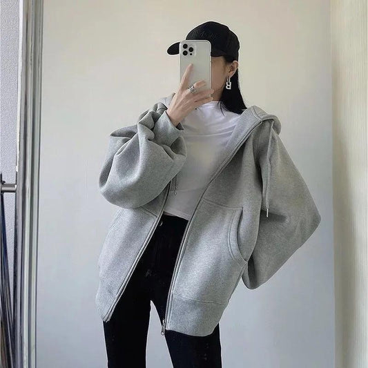 Spring and Autumn Women's Hooded Sweater Korean Style Loose Casual All-match Coat Top Ladies Cardigan Zipper Coat Hip-pop Jacket