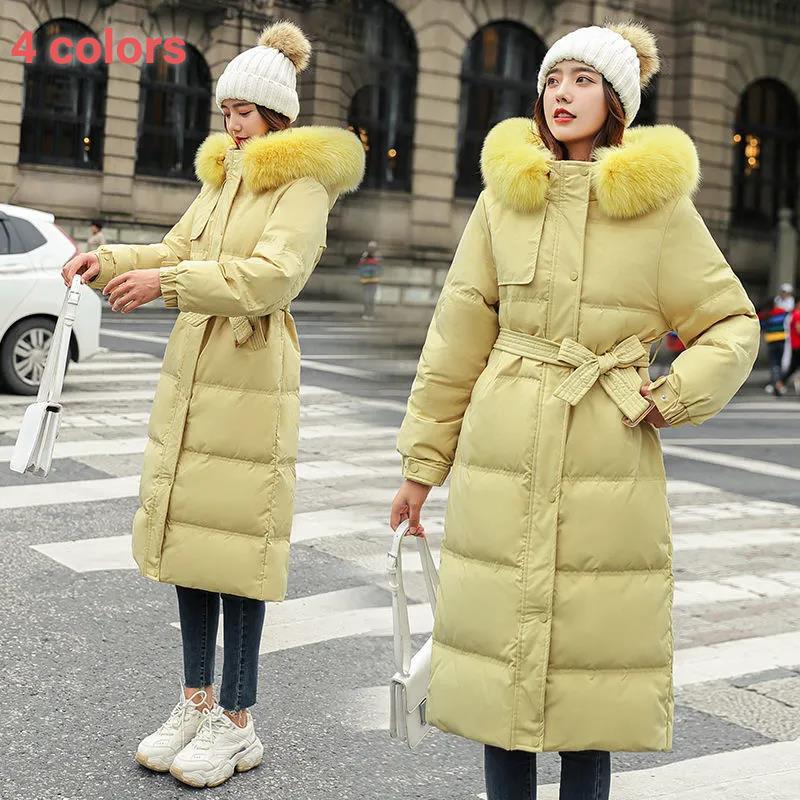 Down Jacket Winter Ladies Fashion Korean Big Fur Collar Thick Warm Hooded Mid-length Plus Size Cotton Jacket