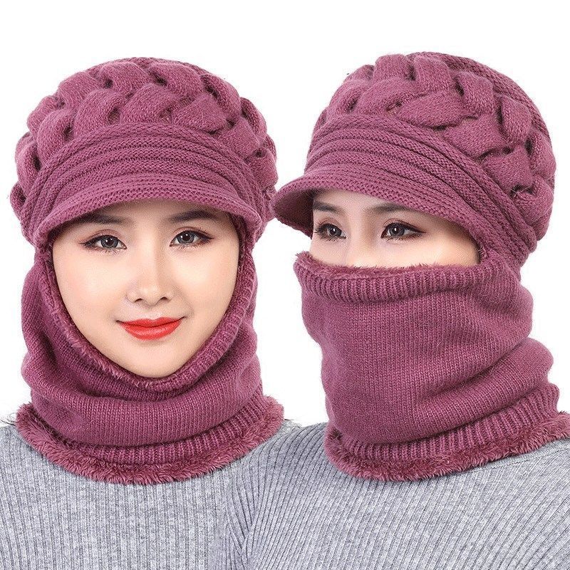 Warm Hat Women's Winter Woolen Hat with Velvet To Keep Warm Cycling Padded Bib Hat One-piece Stretch Knitted Hat