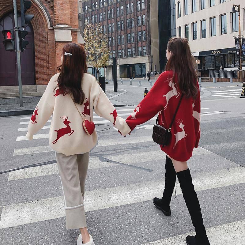 Pofulove Christmas Elk Sweater Women Red Lazy Loose Autumn Winter Thick Long-sleeved Sweater Fashion