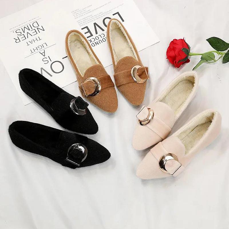 Hairy Shoes Women's Autumn and Winter Peas Shoes Plus Velvet Warm Cotton Shoes All-match Pointed Flat Shoes Women Moccasins