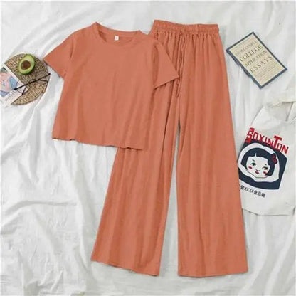 2PCS Women's Spring and Summer Leisure Suit Lazy Korean Style Thin Sportswear Short Sleeve T-Shirt Top + Wide Leg Pants Two-piece Suit