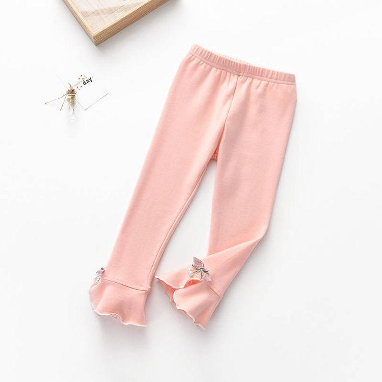 Girls' Leggings Children's Spring and Autumn Thin Bow Pearl Flowers Korean Cropped Trousers Stretch Pants Baby Outer Wear and Inner Wear