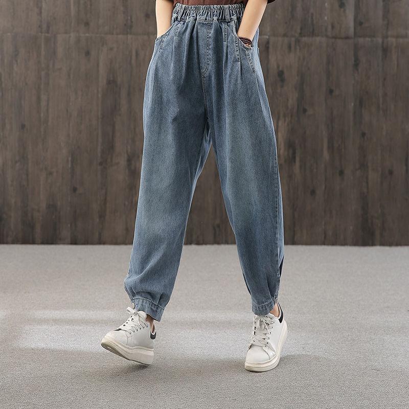 WTEMPO Plus Size Elastic Waist Women's Jeans Loose Wide Leg Straight  Denim Big Pocket Trousers