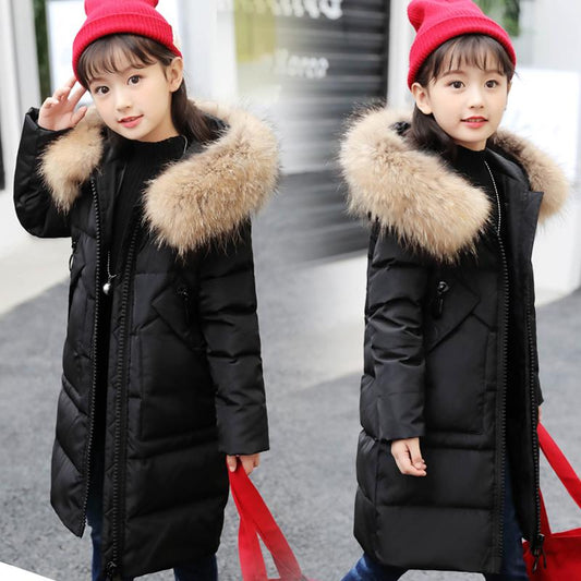 Children's Down Jacket Mid-length Fashion Thick Winter Jacket with Big Fur Collar Hooded Outerwear