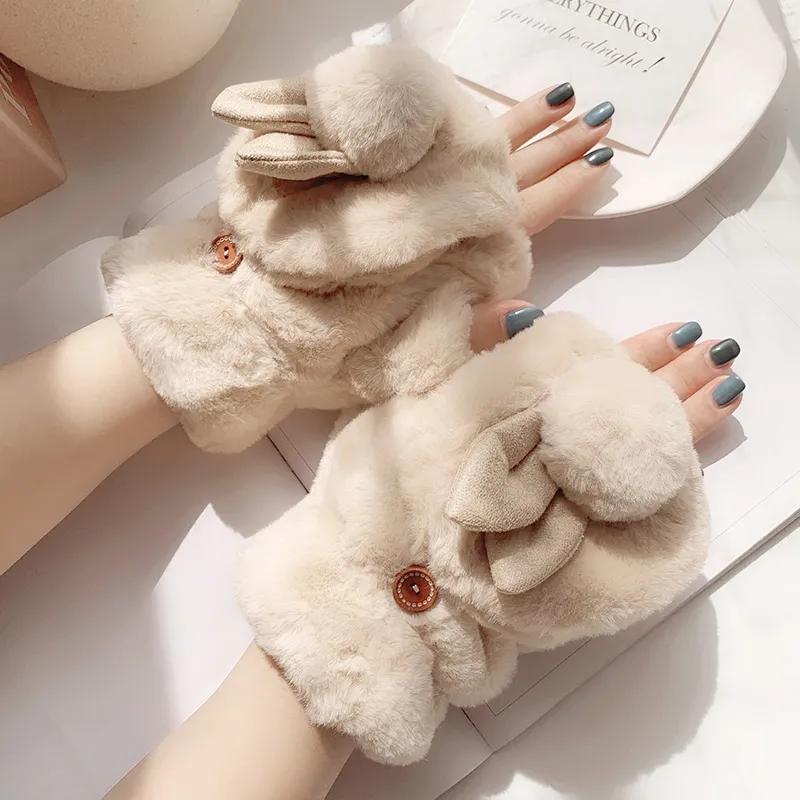 Cute Girl Gloves Winter Korean Version of Student Cute Rabbit Flip Open Finger Plush Plus Velvet Gloves