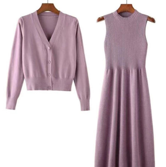 Autumn Cardigan Dress Two-piece Elegant Temperament Suit Mid-length Style Waist Slimming Over The Knee Knitted Dress