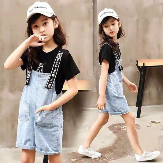 2PCS Children Clothing Set Spring Summer Girls Suits Denim Skirt Solid Color Printing Short Sleeve Strap Skirt Suit Clothing Set