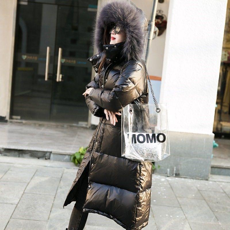 Down Jacket Women Winter Bright Face Loose White Duck Down Large Fur Collar Mid-length Warm Jacket