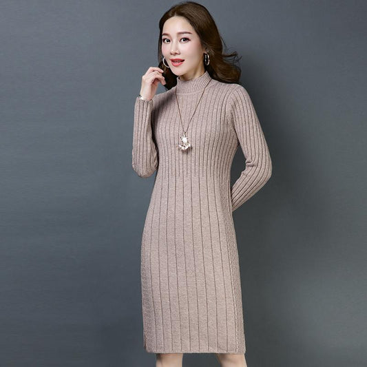 Womens Knitted Dress Autumn Winter Vintage Ladies Slim Sweater Dress Long Sleeve Knit Dresses