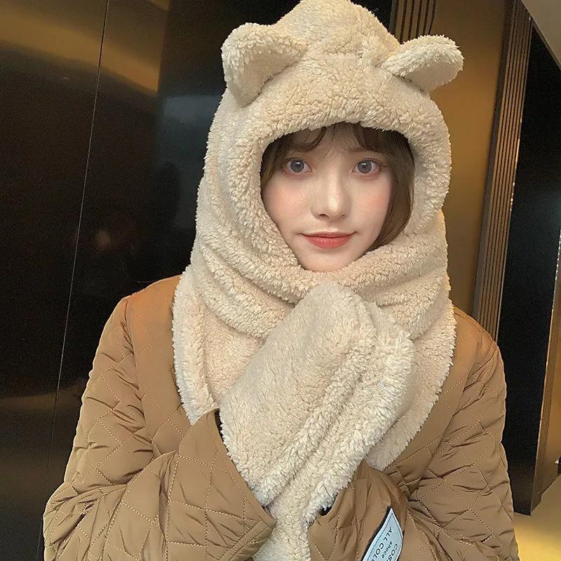 Winter Warm Scarf Women Girl Bear Ear Cut Hooded Hats Pockets Goloves Scarves All In One Cashmere Soft Shawls Female Fur Warm Winter Scarf