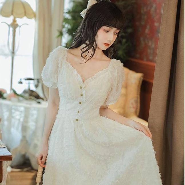 Women Summer Vintage High Waist Super Fairy Holiday Dress Elegant Slim Puff Sleeve Little Fresh Party Long Dress