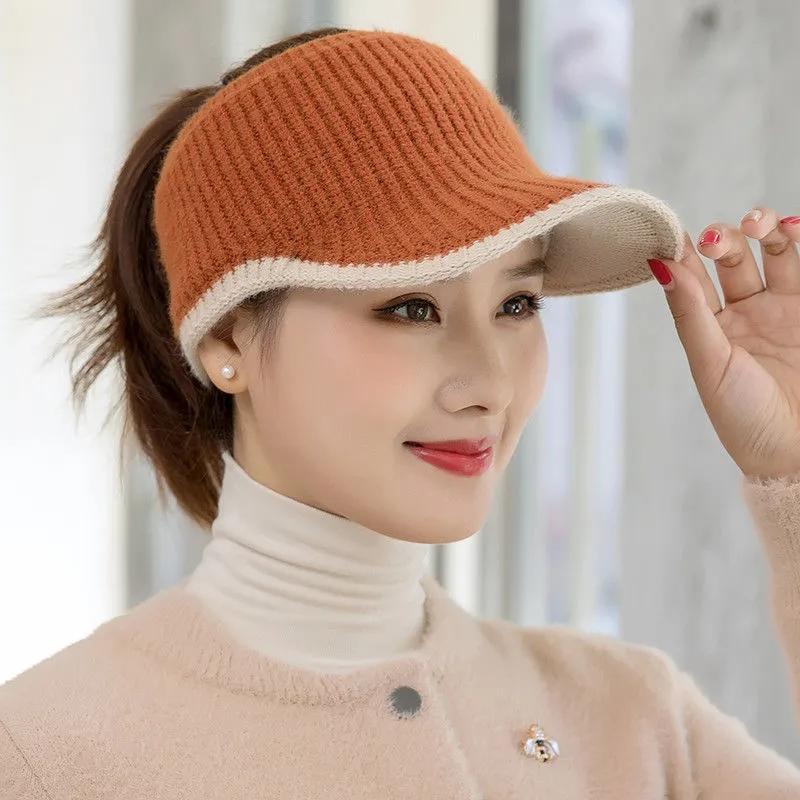 Women's Knitted Top Hat Autumn Winter Warm Peaked Cap Winter Cold Ponytail Topless Hat Empty Top Cap