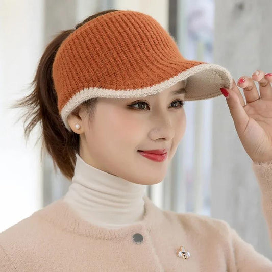 Women's Knitted Top Hat Autumn Winter Warm Peaked Cap Winter Cold Ponytail Topless Hat Empty Top Cap