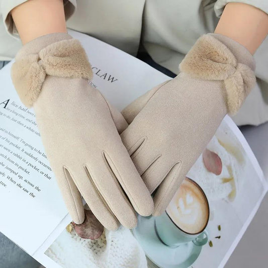 Gloves Women's Winter Plus Velvet Warm, Windproof and Cold-proof Korean Version Cute Touch Screen Riding Driving Velvet Gloves