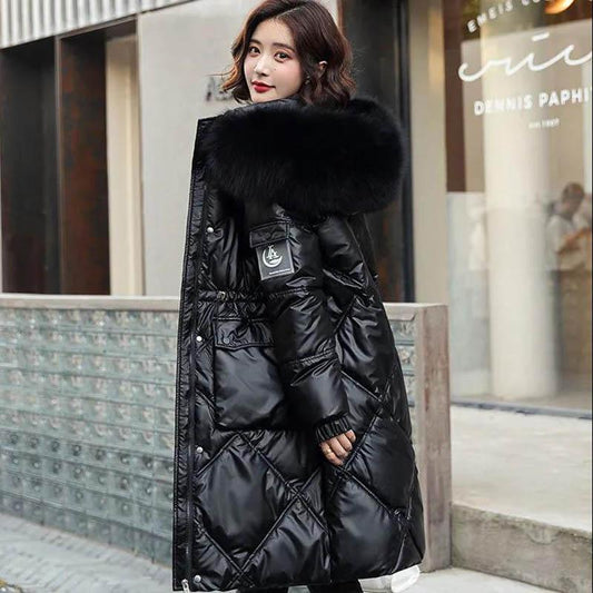 Glossy Disposable Down Padded Jacket Women's Mid-length Loose Large Fur Collar