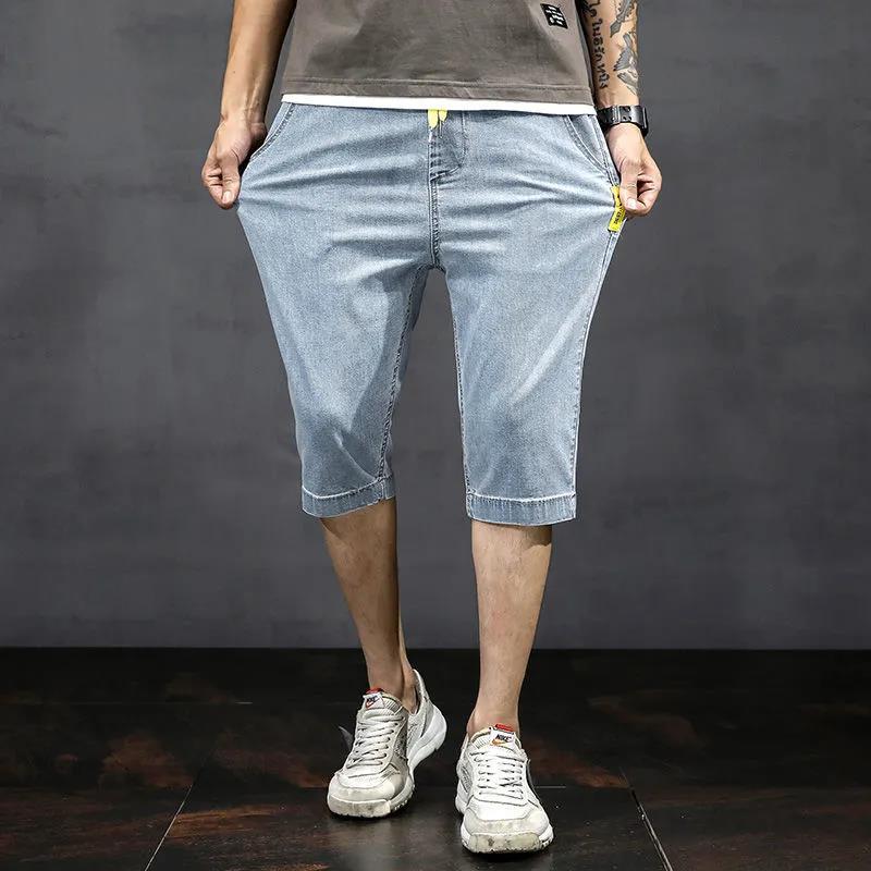 Summer Thin Denim Shorts Men's Loose Straight Leg Stretch Cropped Casual Pants