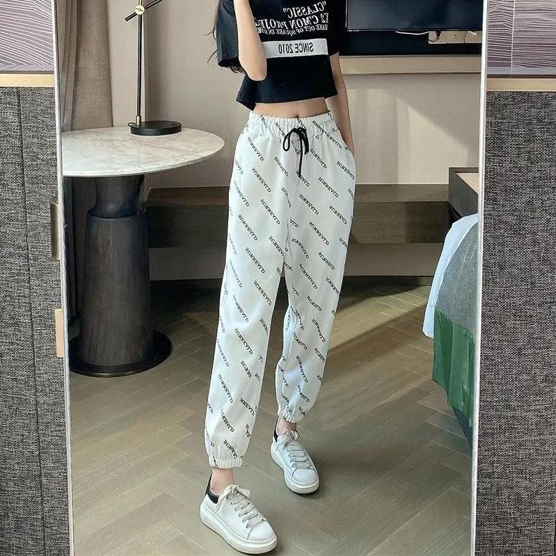 Women Summer Thin Long Pants Vintage Loose Letter Pattern Printed Sport Knickerbockers Versatile Elastic Waist Jogger Pants