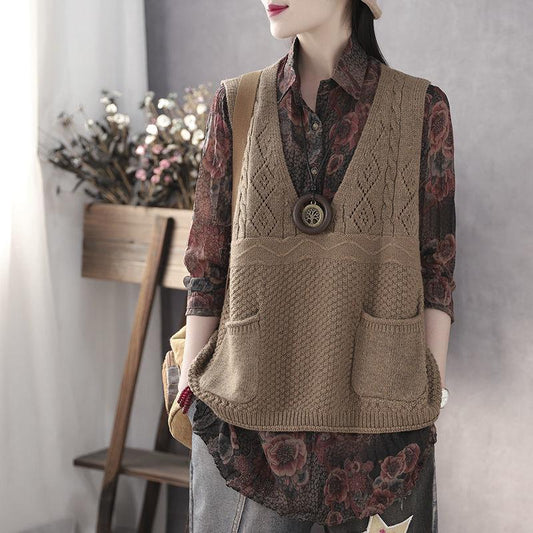 Spring and Autumn Woolen Vest Women's Outer Wear Loose V-neck Double-pocket Knitted Sweater Women's Waistcoat