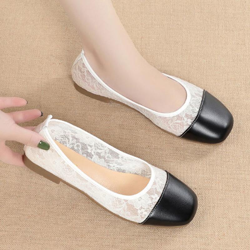 Peas Shoes Women Summer Breathable Flat Mesh Single Shoes Korean Style Shallow Mouth Fashion Lazy Shoes