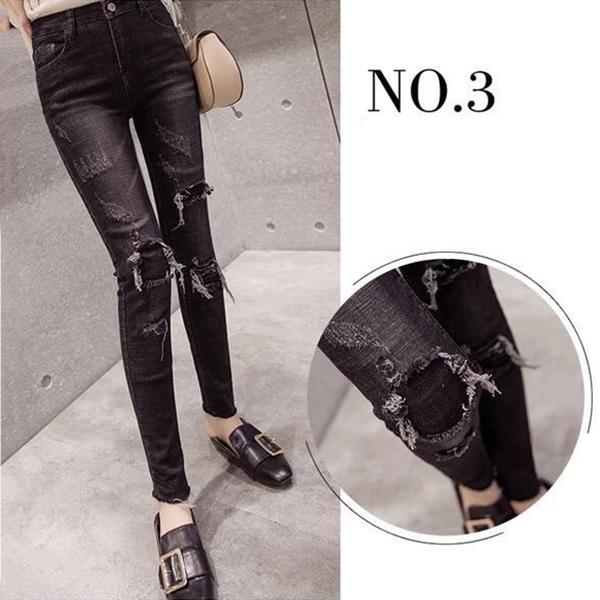 WTEMPO Stovepipe Slim Ripped Tight Women's Jeans High Waist Zipper Denim Big Pocket Burrs Trousers