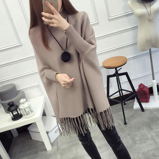 Autumn and Winter High Neck Tassel Sweater Pullover Mid-length Loose Top Knitted Casual Women's Bat Shirt