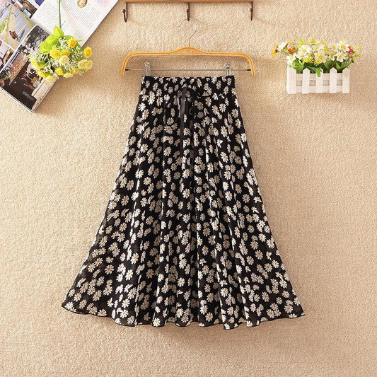 Chiffon Elastic Waist Pleated Floral Skirt Summer Women's High Waist Mid-length A-line Draping  Fairy Dress