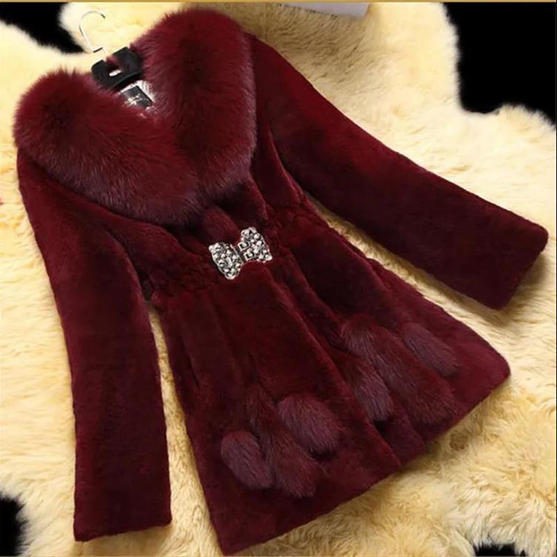 Faux Mink Fleece Ladies Jacket Mid-length Autumn and Winter Plush Faux Fur Coat Female Imitated Fox Fur Collar Warmth and Thinness