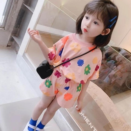 Girls' Summer Suits Children's Summer Clothes Printed Small Fresh and Thin Short-sleeved Two-piece Suit