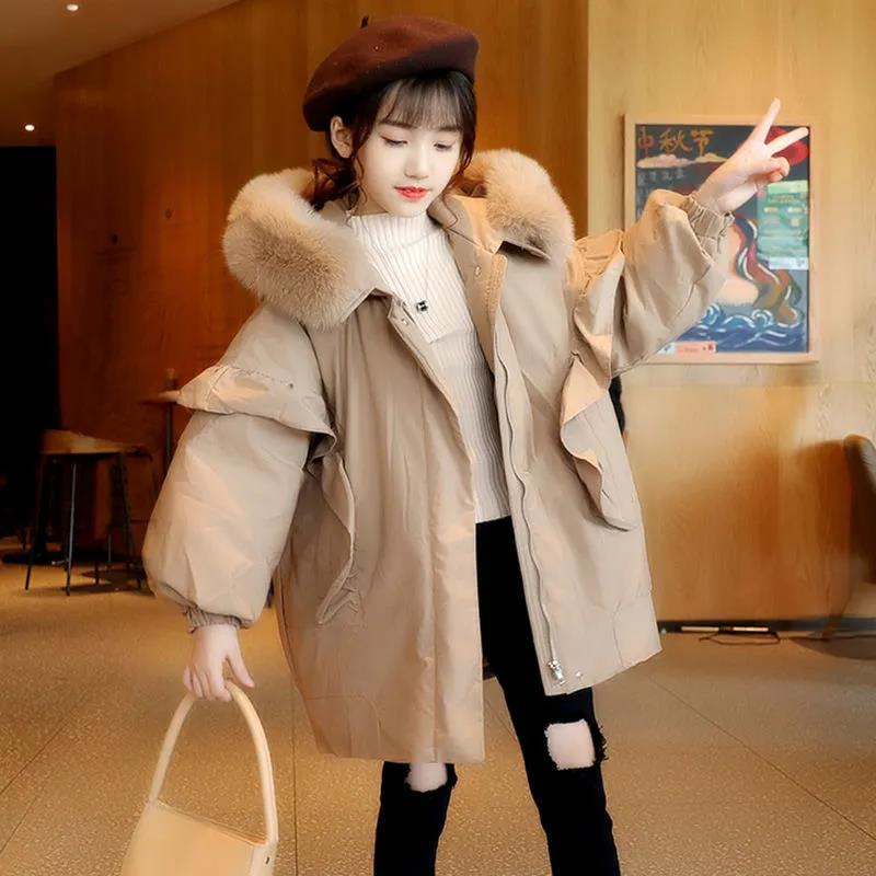 Girls' Fur Collar Cotton Clothes Winter Clothing Plus Velvet Children's Quilted Jacket Mid-length Coat To Keep Warm