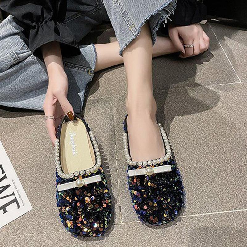 Sequined Baotou Half Slippers Women's Outer Wear Summer Shallow Mouth Women's Shoes Grandma Shoes Soft Sole Peas Shoes