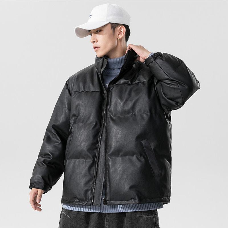 Winter Thick Padded Jacket Men's Stand-up Collar PU Leather Short Padded Jacket Jacket Boys Loose Bread Clothes Trend Cotton Clothes