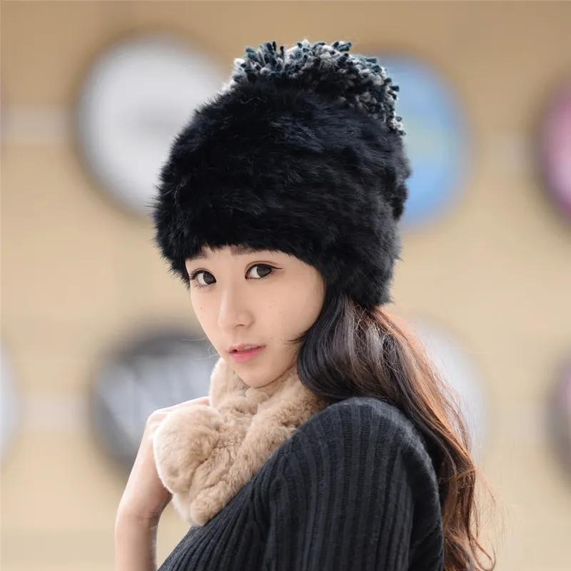 Women's Winter Rex Rabbit Fur Hat Plush Hat Fur Ear Cap Thicken Warm Wool Knitted Hat Fur Ball Warm Headgear Rabbit Hair Blend Plush Hats