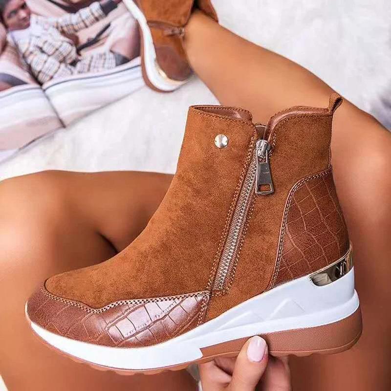 Winter Women Wedge Ankle Boots Casual Comfortable Zipper Sneakers Waterproof High Top Shoes