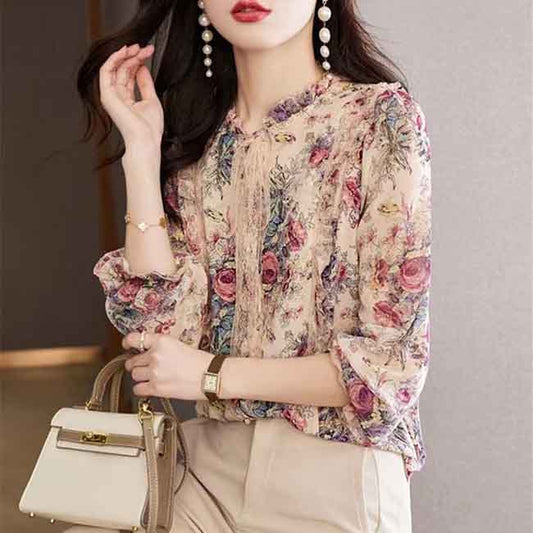 Chiffon Shirt Women's Embroidered Bow Print Top Women's High-end Shirt