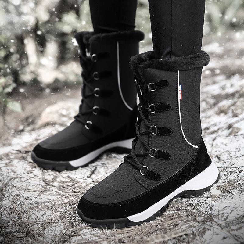 Warm Snow Boots Women Winter Plus Velvet Thick Leather Mid-tube Boots Waterproof Non-slip Outdoor Ski Cotton Shoes Cotton Boots