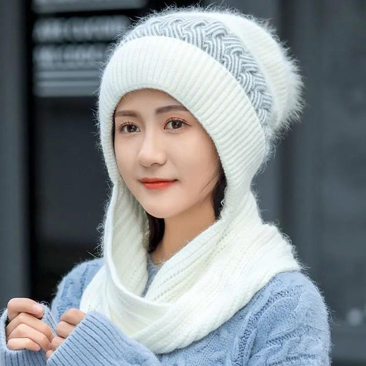 Hat Women's Autumn and Winter Knitted Ear Protection Woolen Cap Mask Warmth and Velvet Thick Korean Version of The Wild Cycling Cap