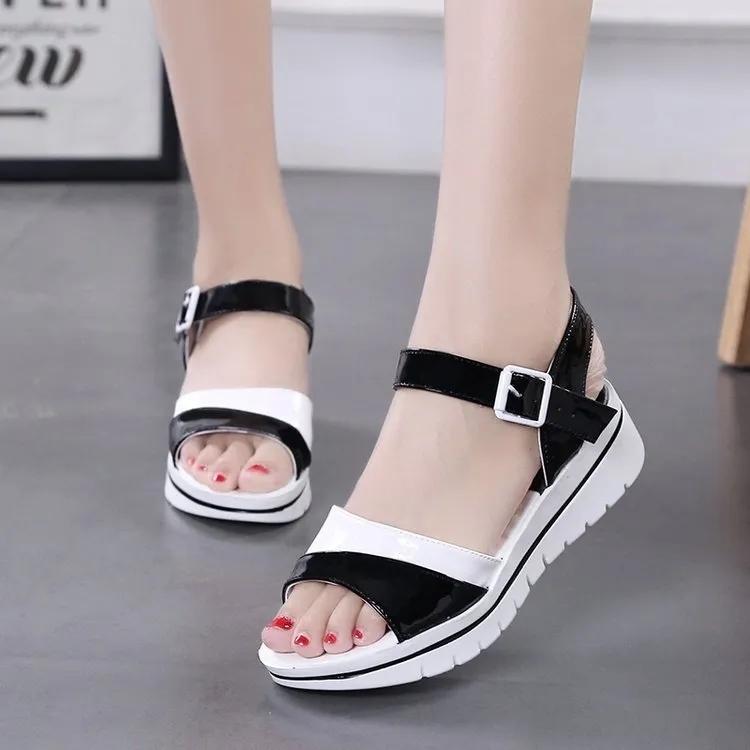 Summer Color-blocking Thick-soled Sandals Women's Mid-heel Wedge Sandals Casual All-match Student Platform Sandals Non-slip Waterproof