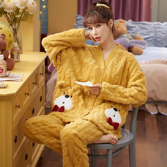 Women's Winter Pajamas Set Coral Fleece Sleepwear Suit Velvet Flannel Pyjamas Casual Loose Homewear Winter Long Sleeve Nightwear Cute Tops and Pants